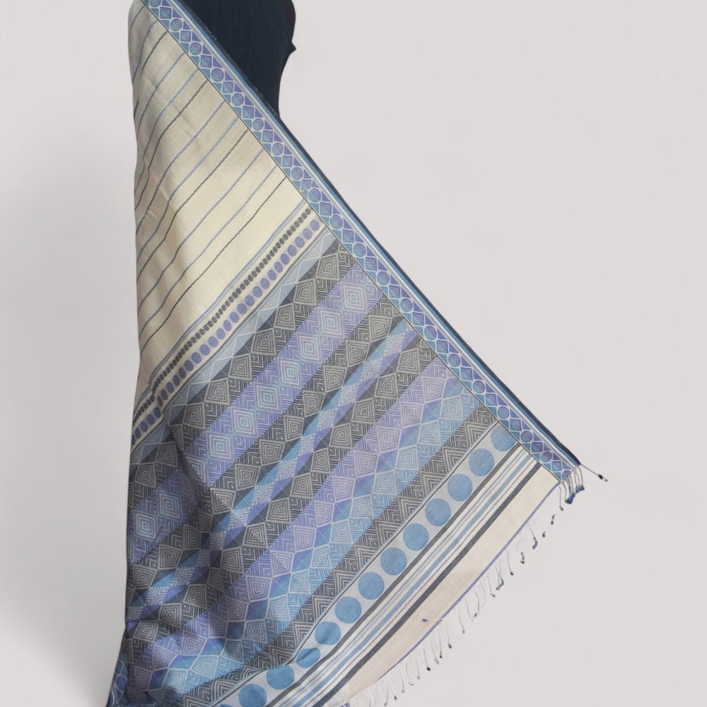 Off-white - Geometric Elegance Organic Cotton Saree