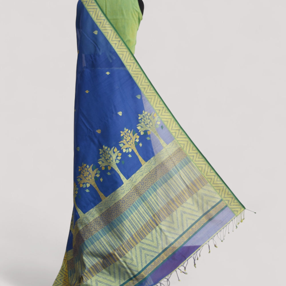 Blue - Tree & Leaves Motif Organic Cotton Saree