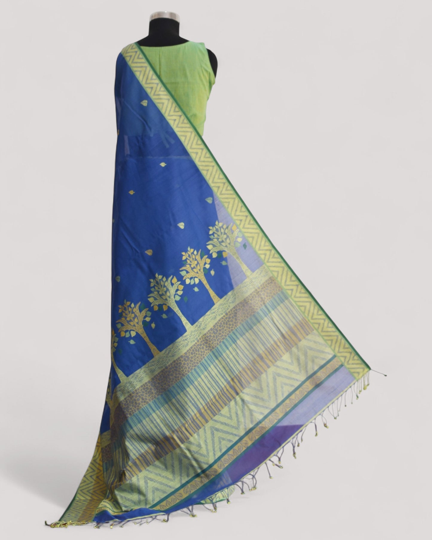 Blue - Tree & Leaves Motif Organic Cotton Saree