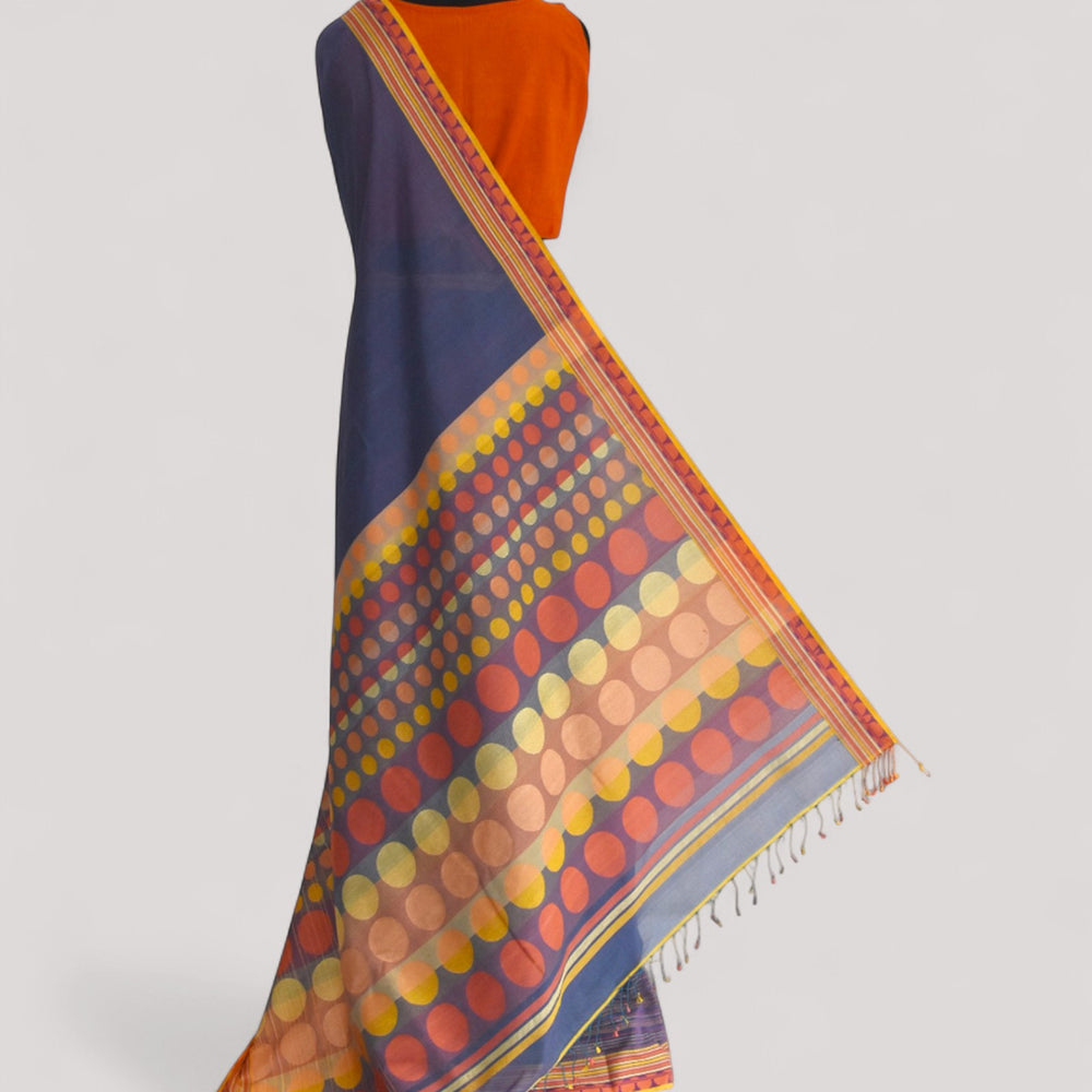 Bluish Purple - Circle Motif Organic Cotton Saree