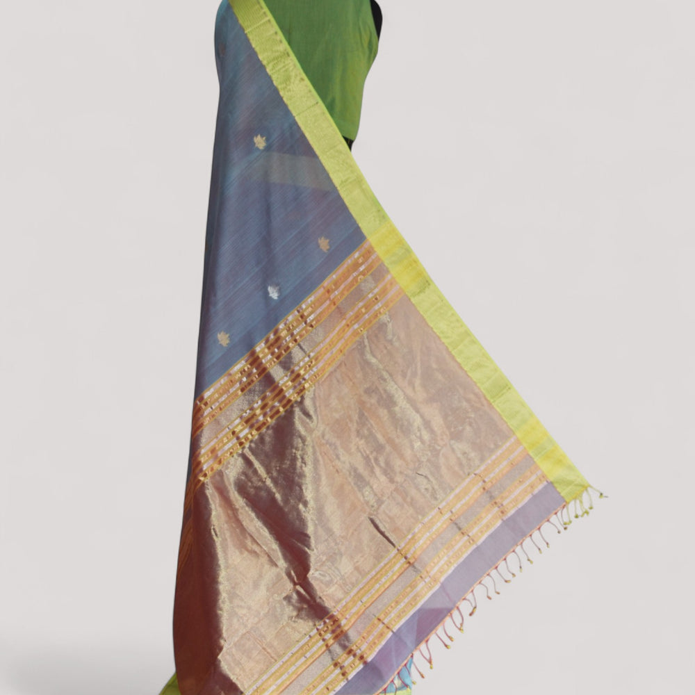 Bluish Grey - Lotus butta Organic Cotton Saree