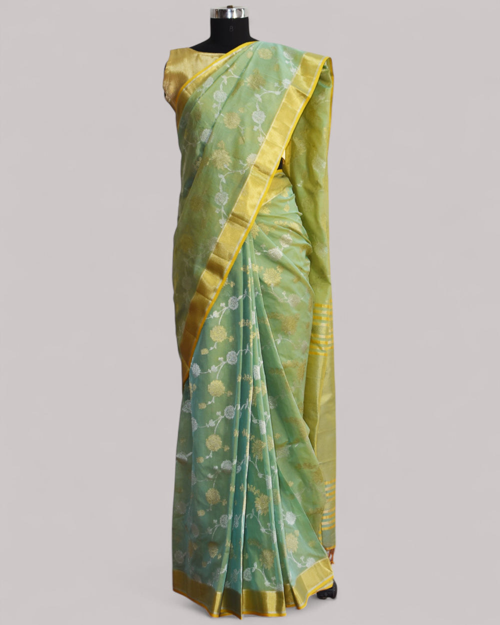 Seagreen - Gilded Grove Organic Cotton Saree