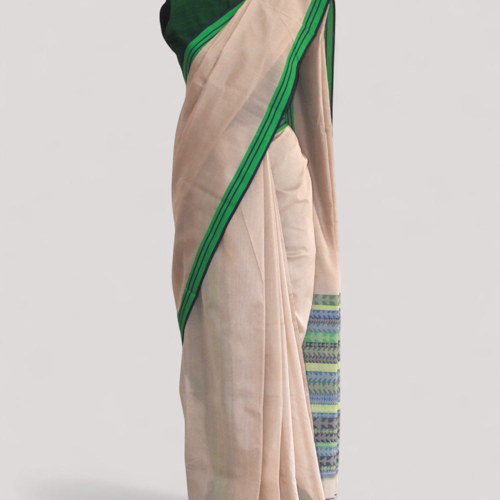 Beige - Tulip Motif Organic Cotton Saree