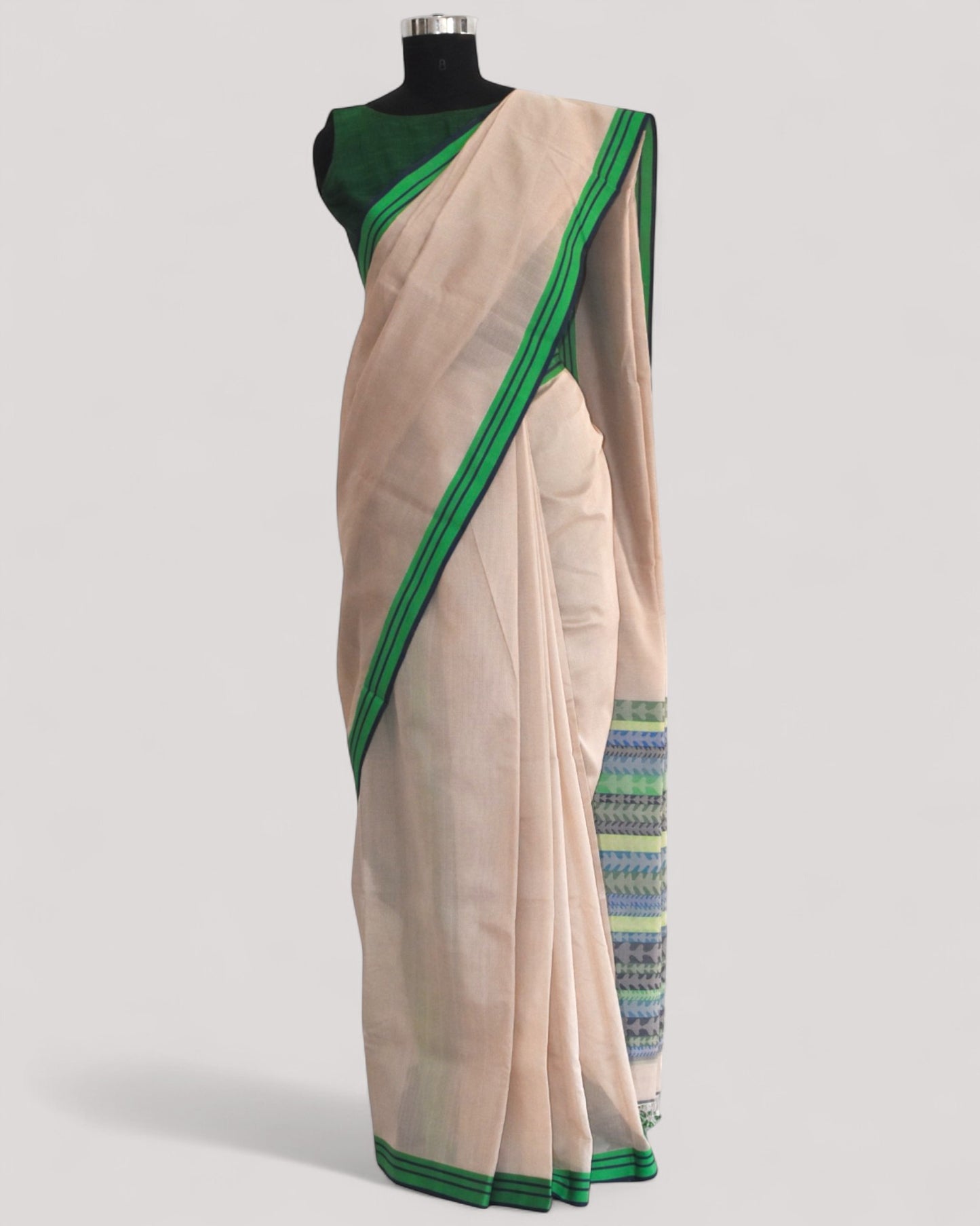 Beige - Tulip Motif Organic Cotton Saree