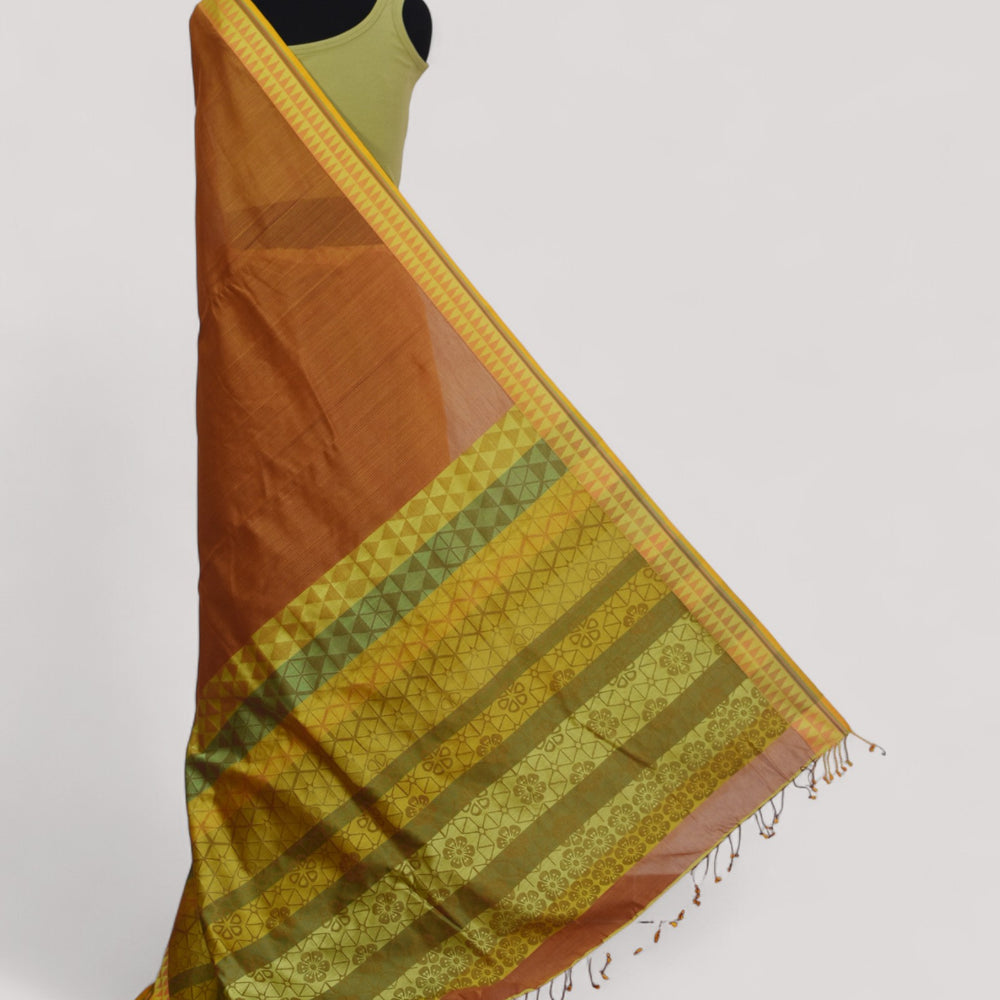 Orange- Cherry Blossom Motif Organic Cotton Saree