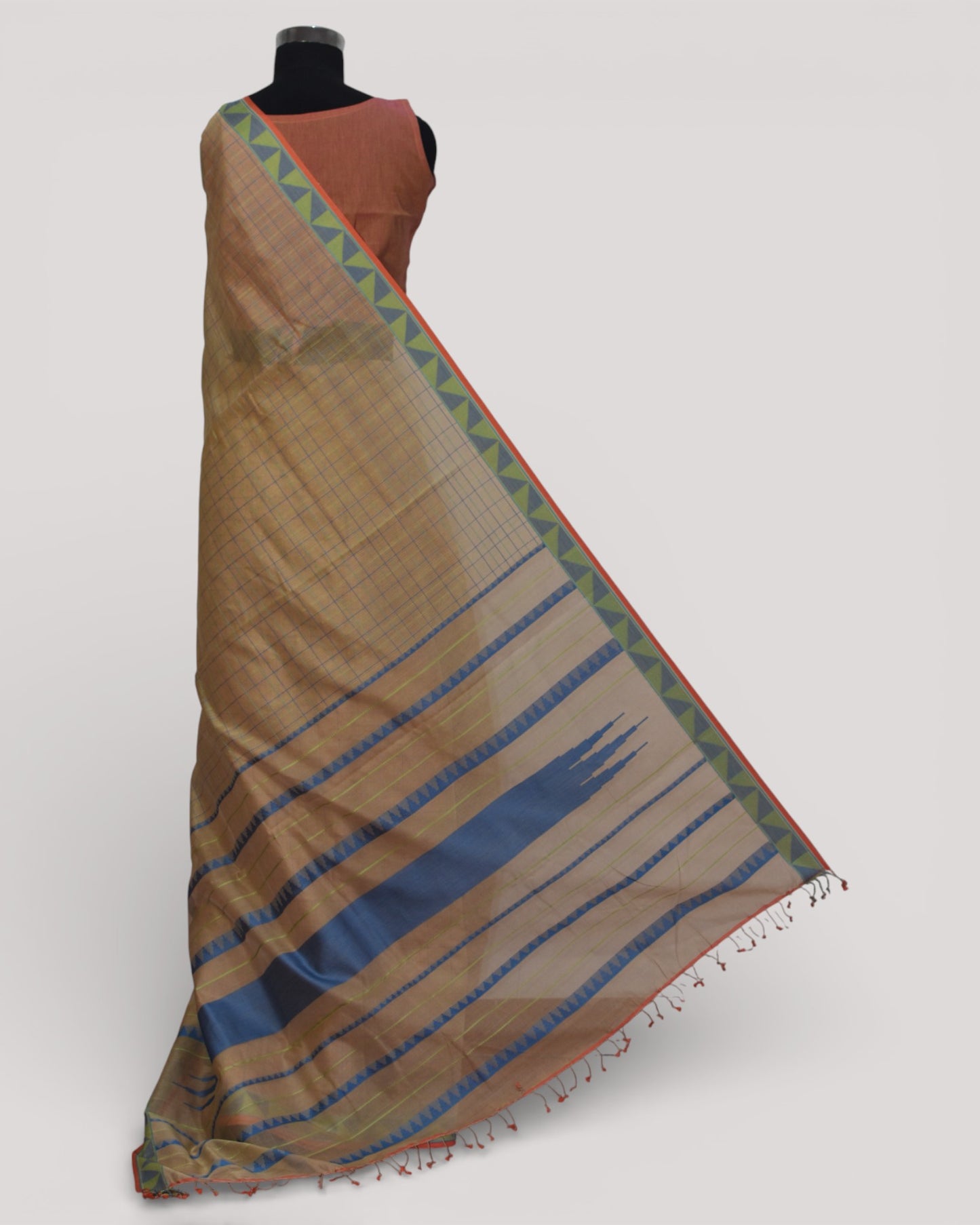 Beige with Blue - Checks Classic Organic Cotton Saree