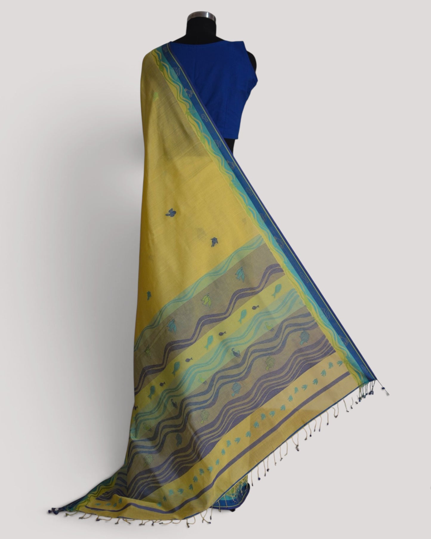 Lime Yellow - Waves Motif Organic Cotton Saree