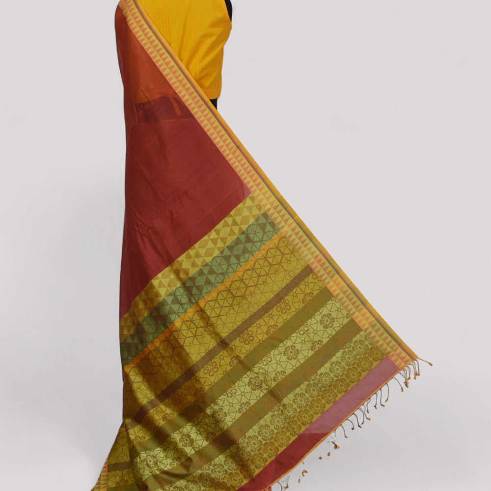 Rust - Cherry Blossom Motif Organic Cotton Saree