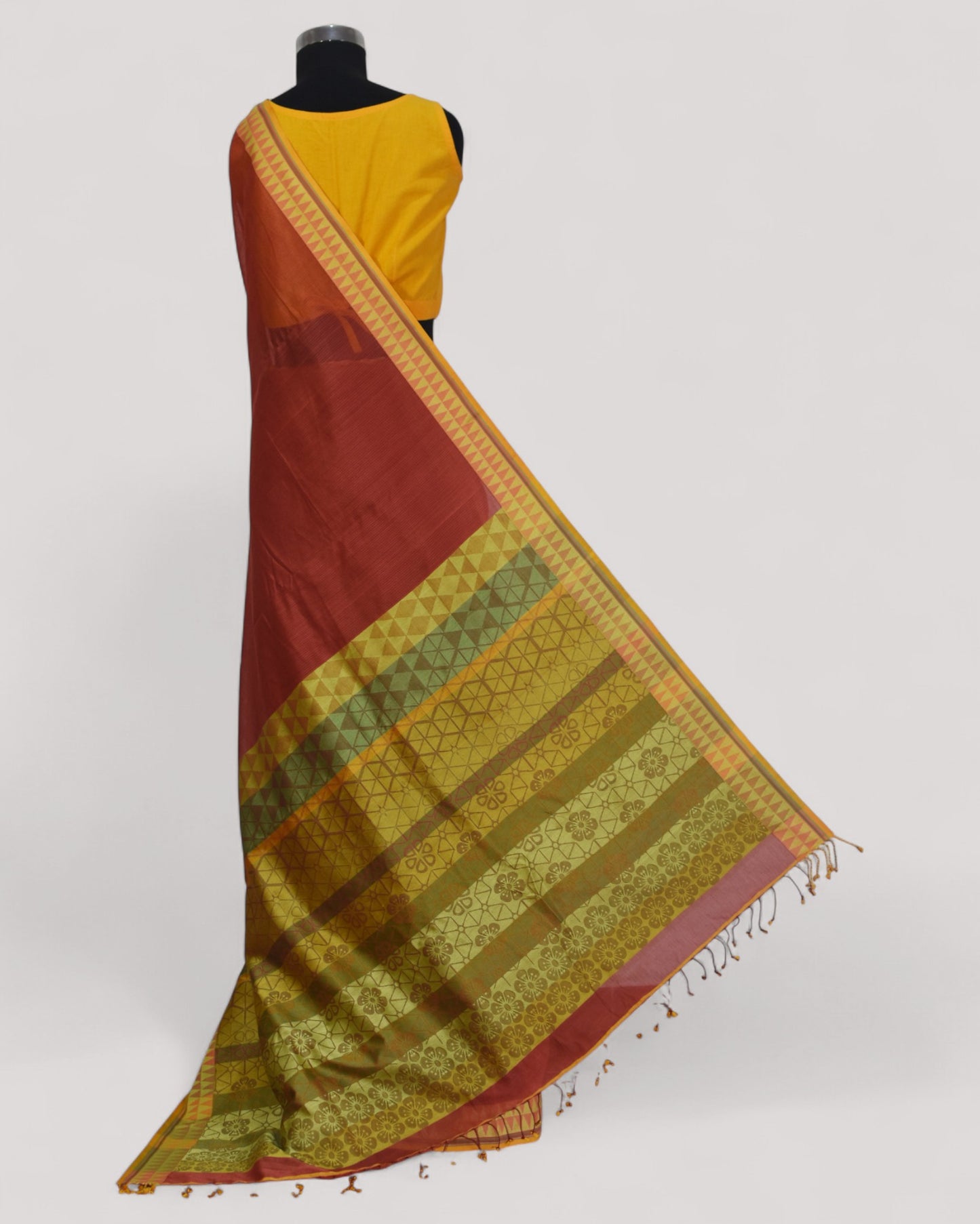 Rust - Cherry Blossom Motif Organic Cotton Saree