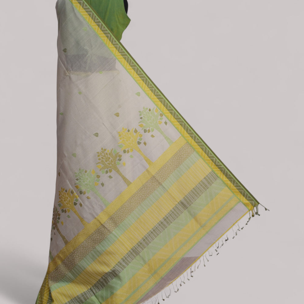White - Tree & Leaves  Motif Organic Cotton Saree
