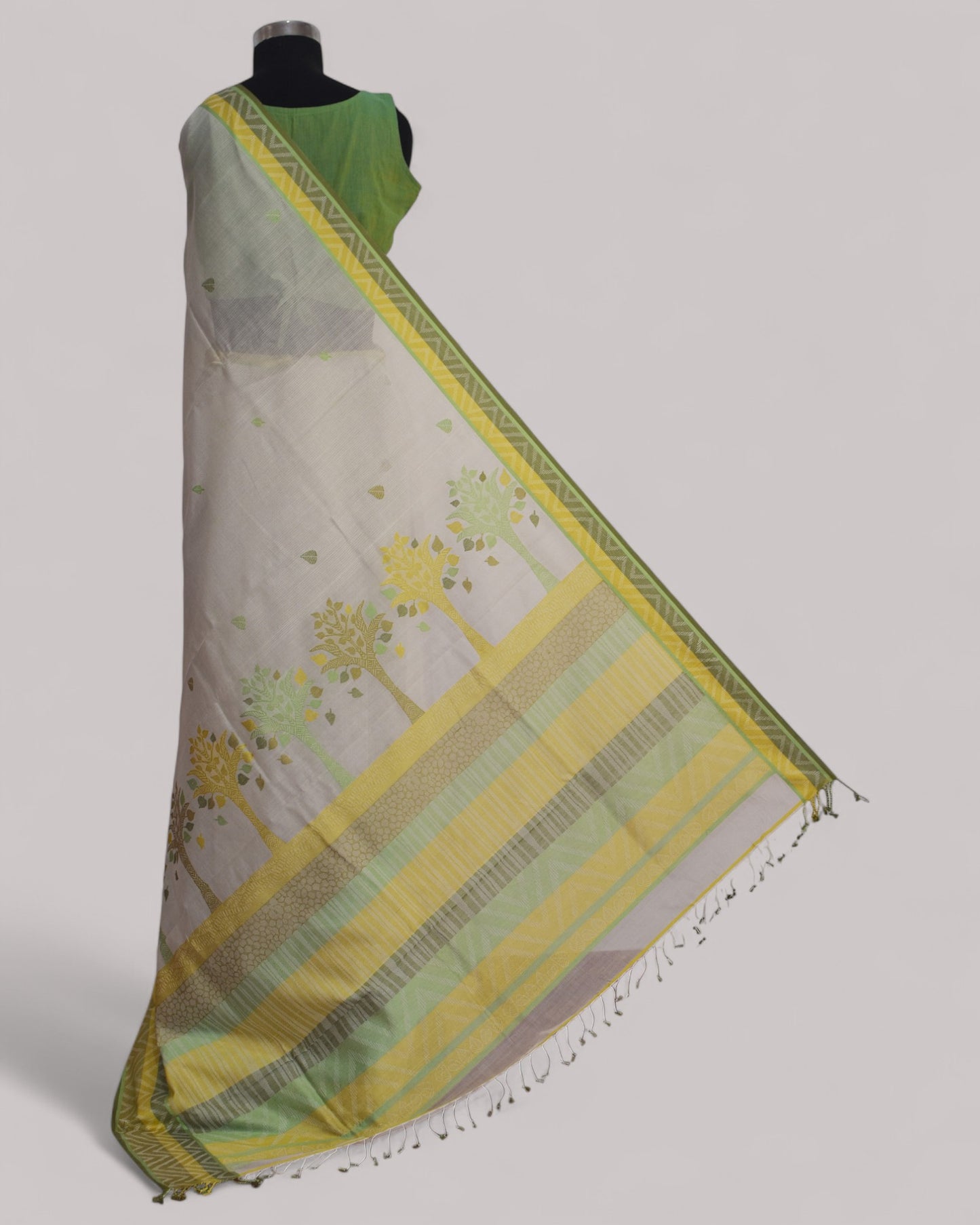 White - Tree & Leaves  Motif Organic Cotton Saree