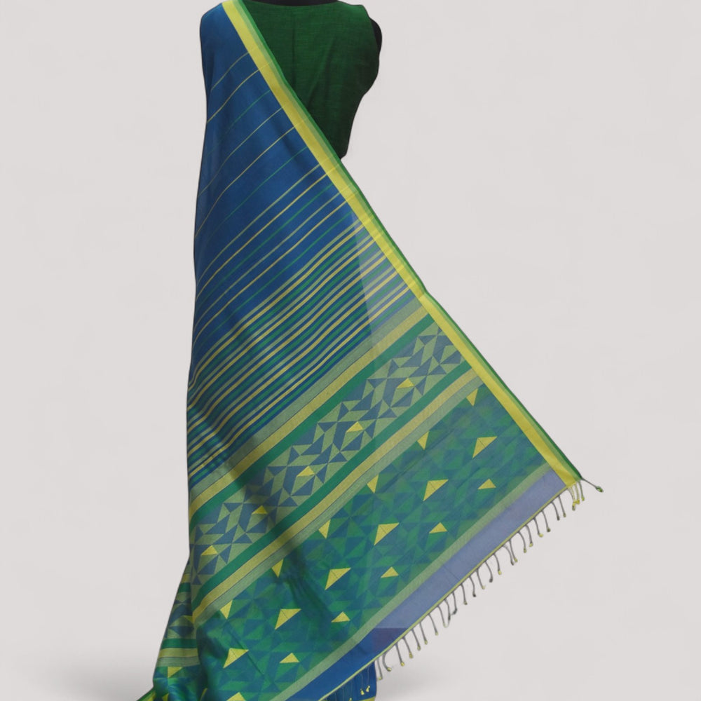 Blue - Triangle Motif Organic Cotton Saree