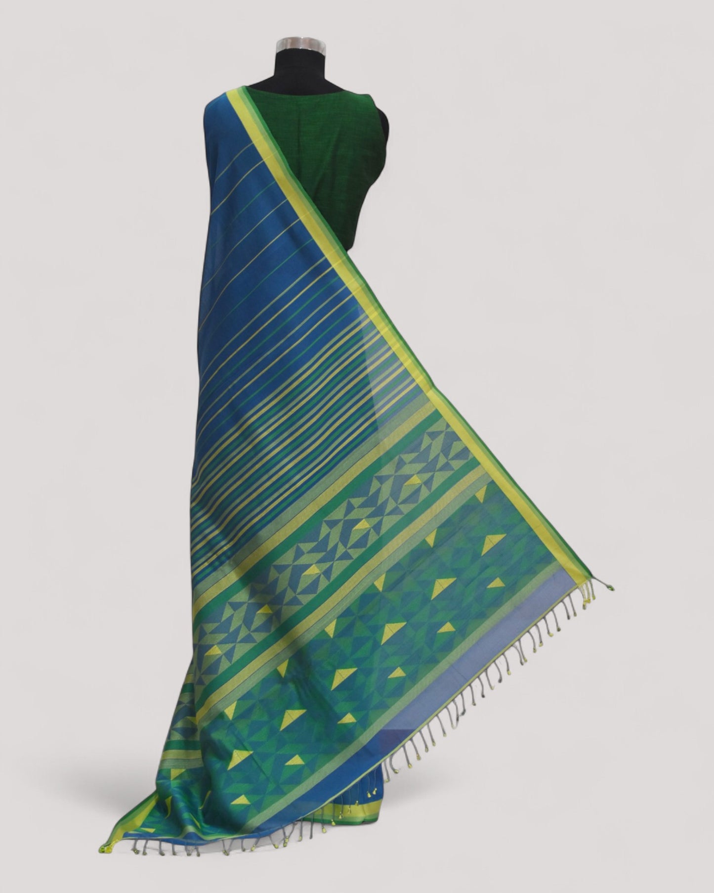 Blue - Triangle Motif Organic Cotton Saree