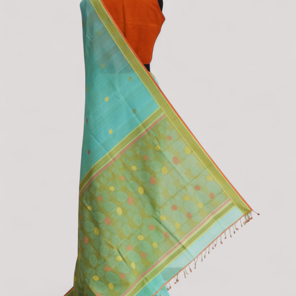 Sea Blue - Cactus Motif Organic Cotton Saree