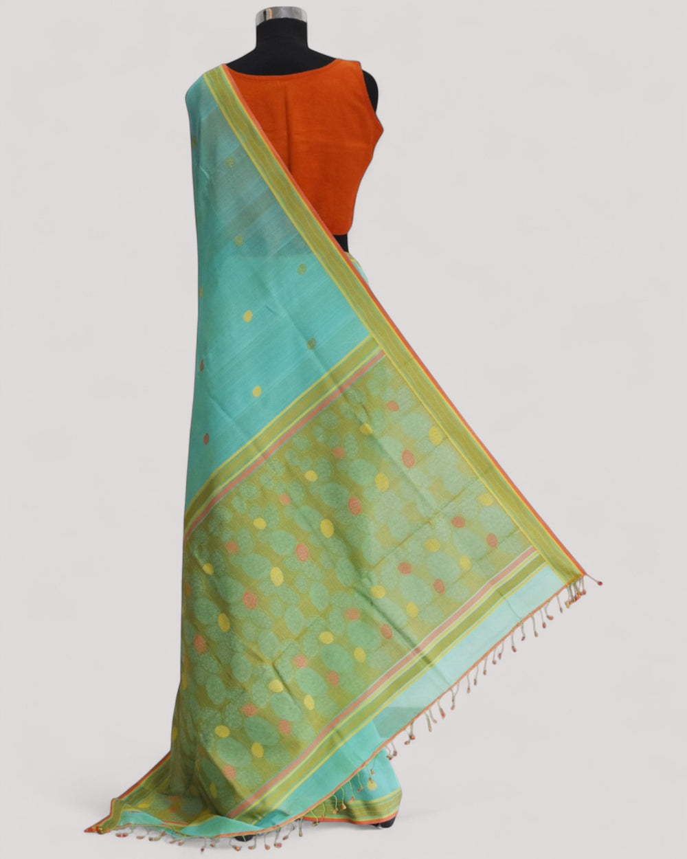 Sea Blue - Cactus Motif Organic Cotton Saree