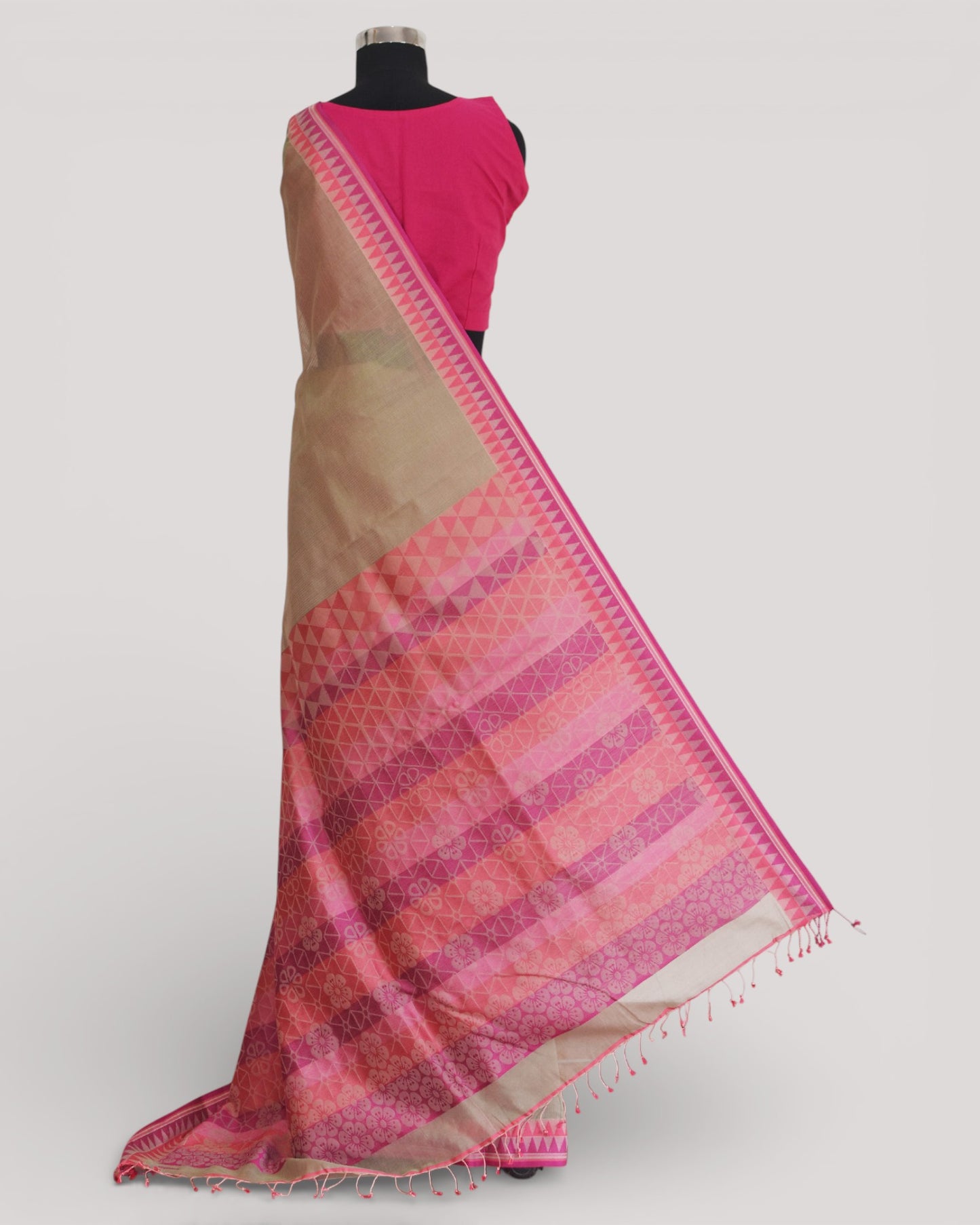 Light Olive Green - Cherry Blossom Motif Organic Cotton Saree