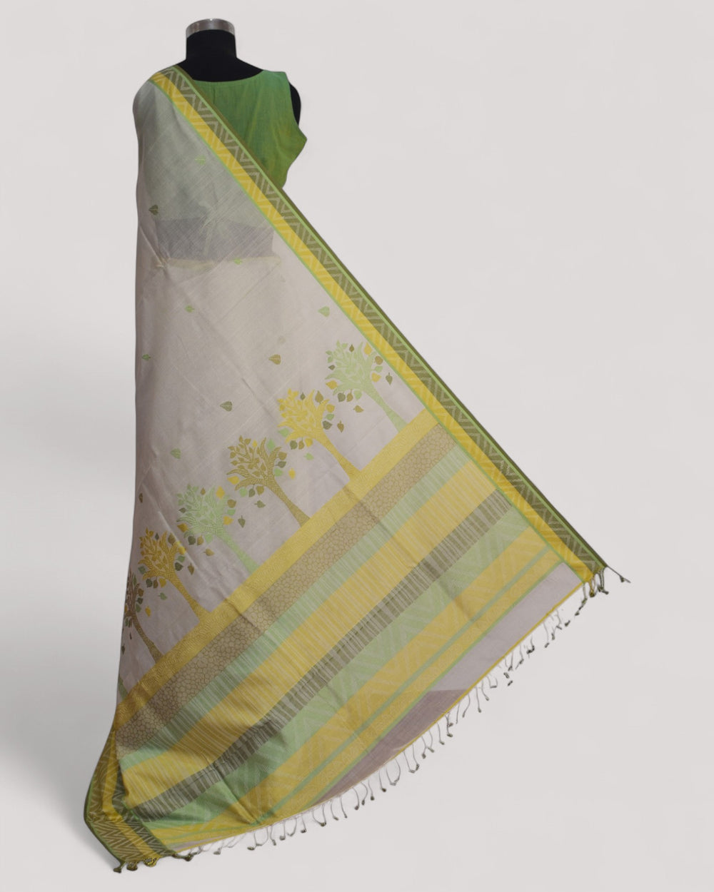 White - Tree & Leaves Motif Organic Cotton Saree