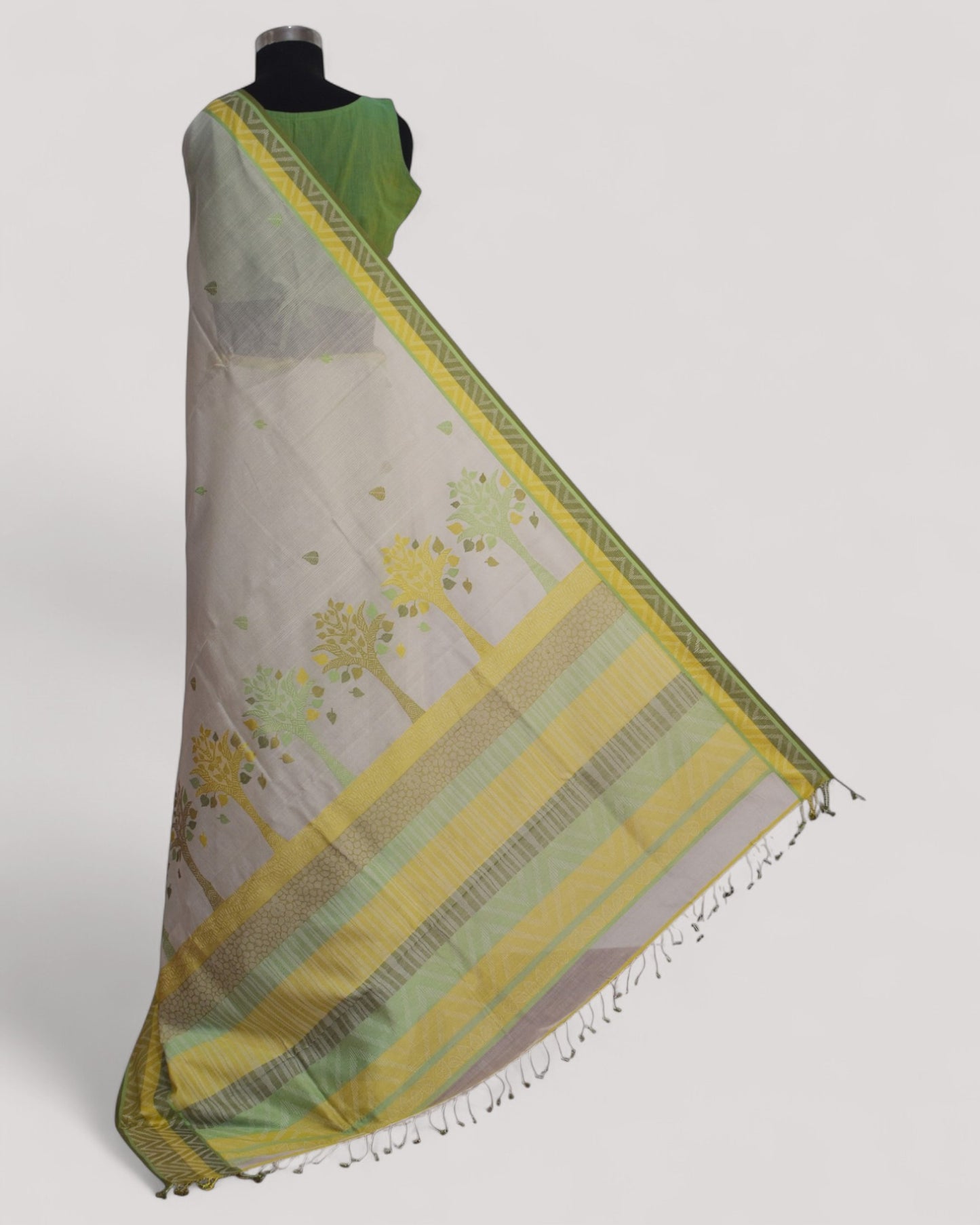 White - Tree & Leaves Motif Organic Cotton Saree