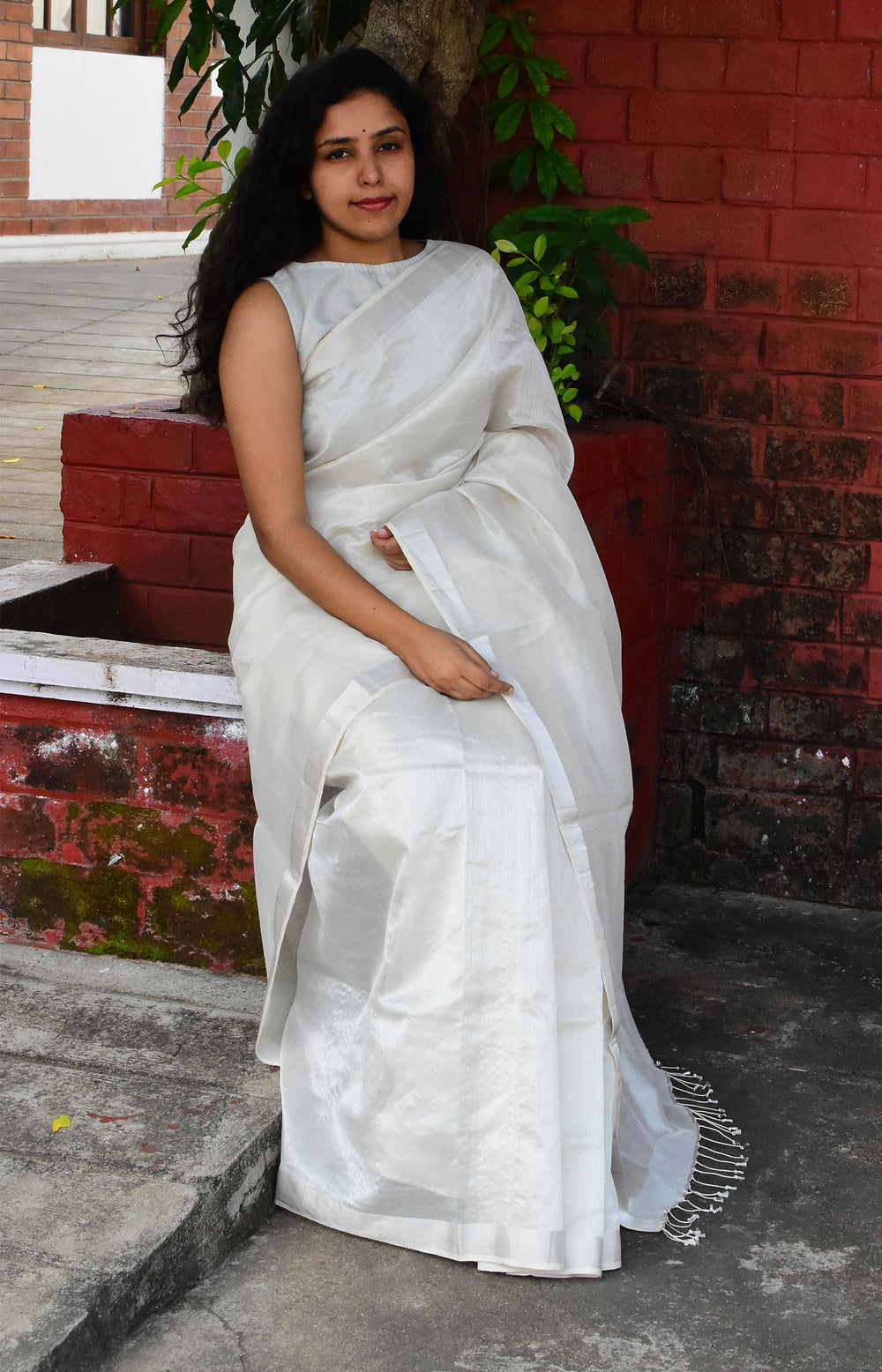 White  Tissue  Organic Cotton Saree-NO BLOUSE