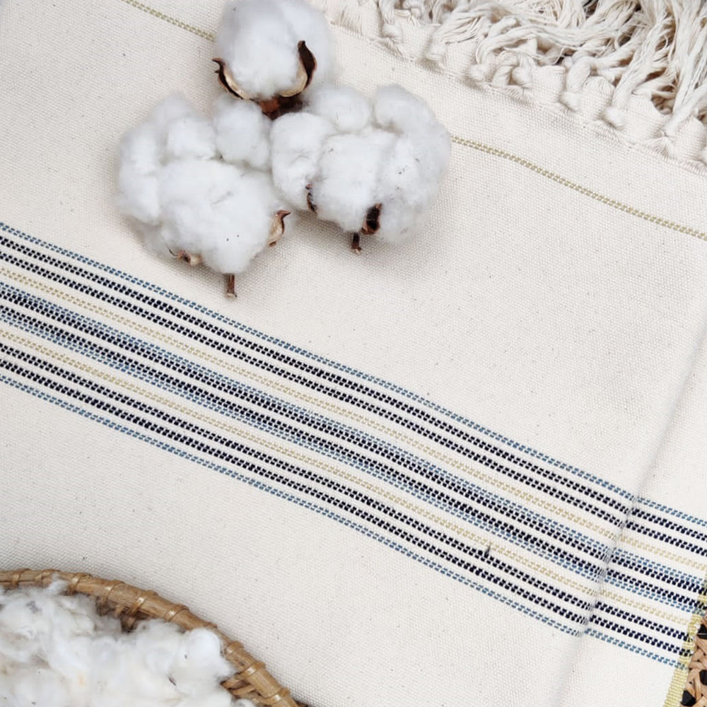 Off White - Blanket 6 with blue stripes (with tassels)