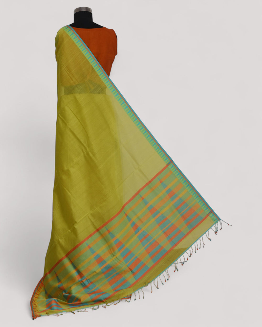 Lime Green - Temple Motif Organic Cotton Saree