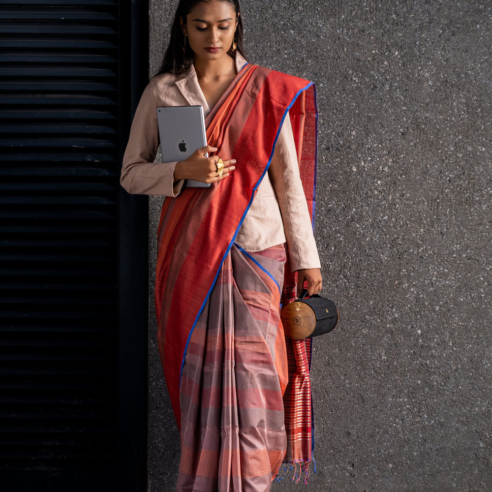 Rust - Stitch Texture Organic Cotton Saree