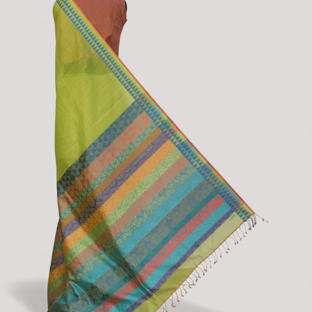 Parrot Green - Cherry Blossom Motif Organic Cotton Saree