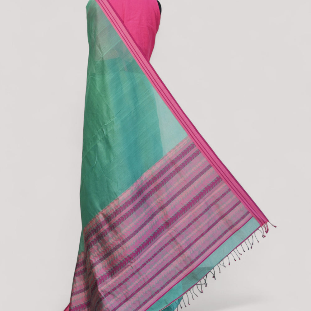Sea Blue - Tulip Motif Organic Cotton Saree