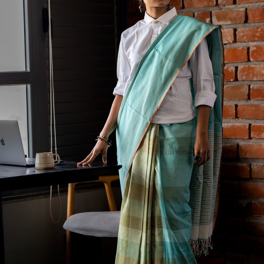Sea Green - Stitch Texture Organic Cotton Saree(no blouse)