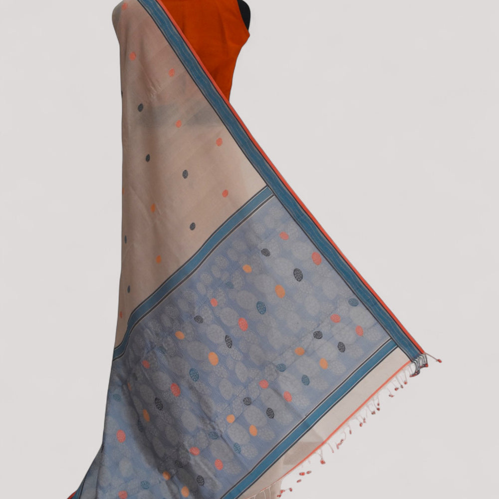 Beige - Cactus Motif Organic Cotton Saree