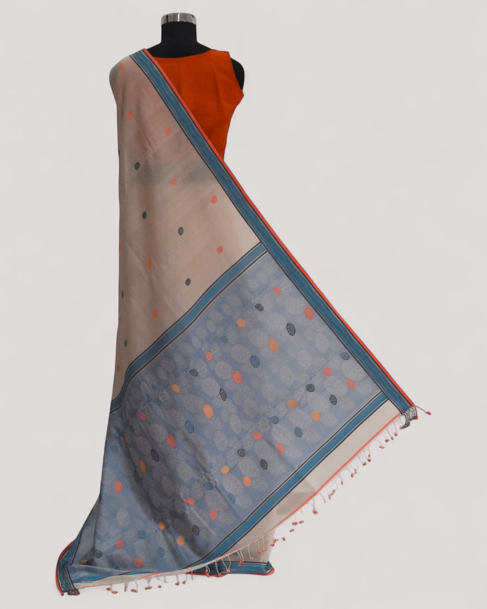 Beige - Cactus Motif Organic Cotton Saree