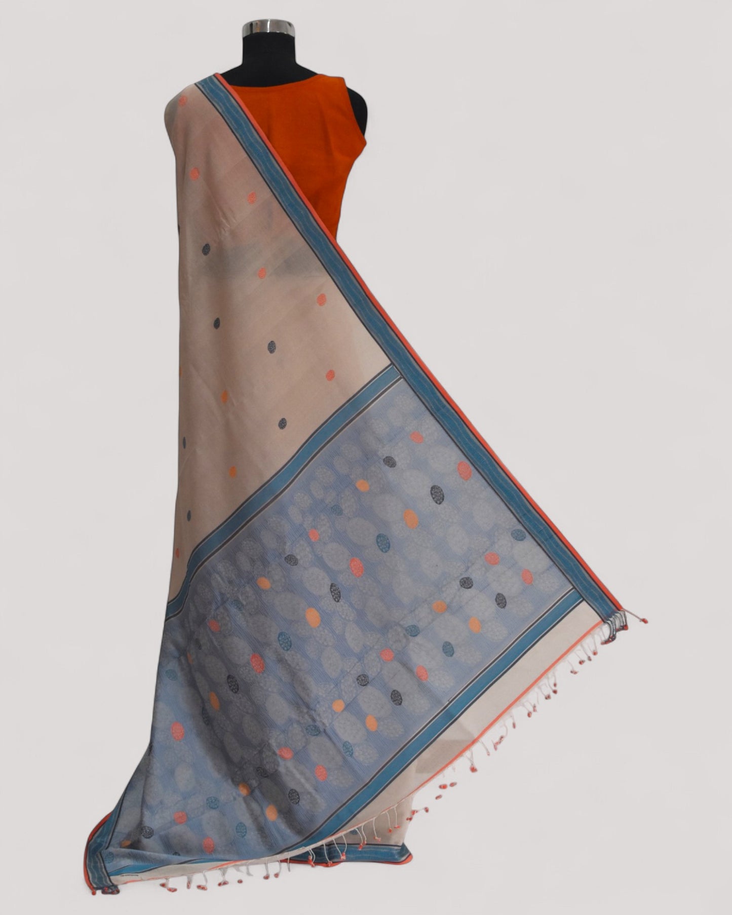 Beige - Cactus Motif Organic Cotton Saree