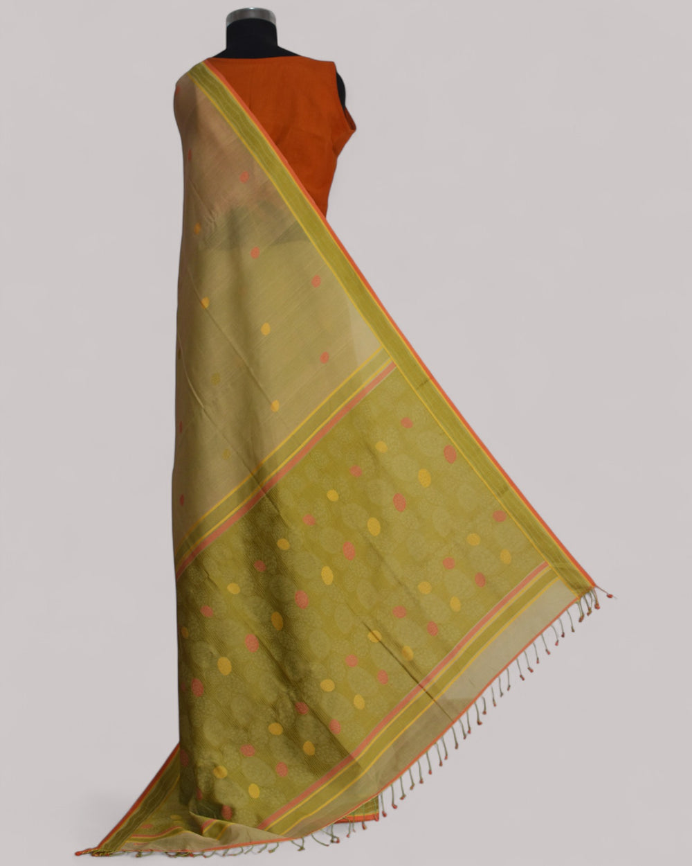 Cream - Cactus Motif Organic Cotton Saree