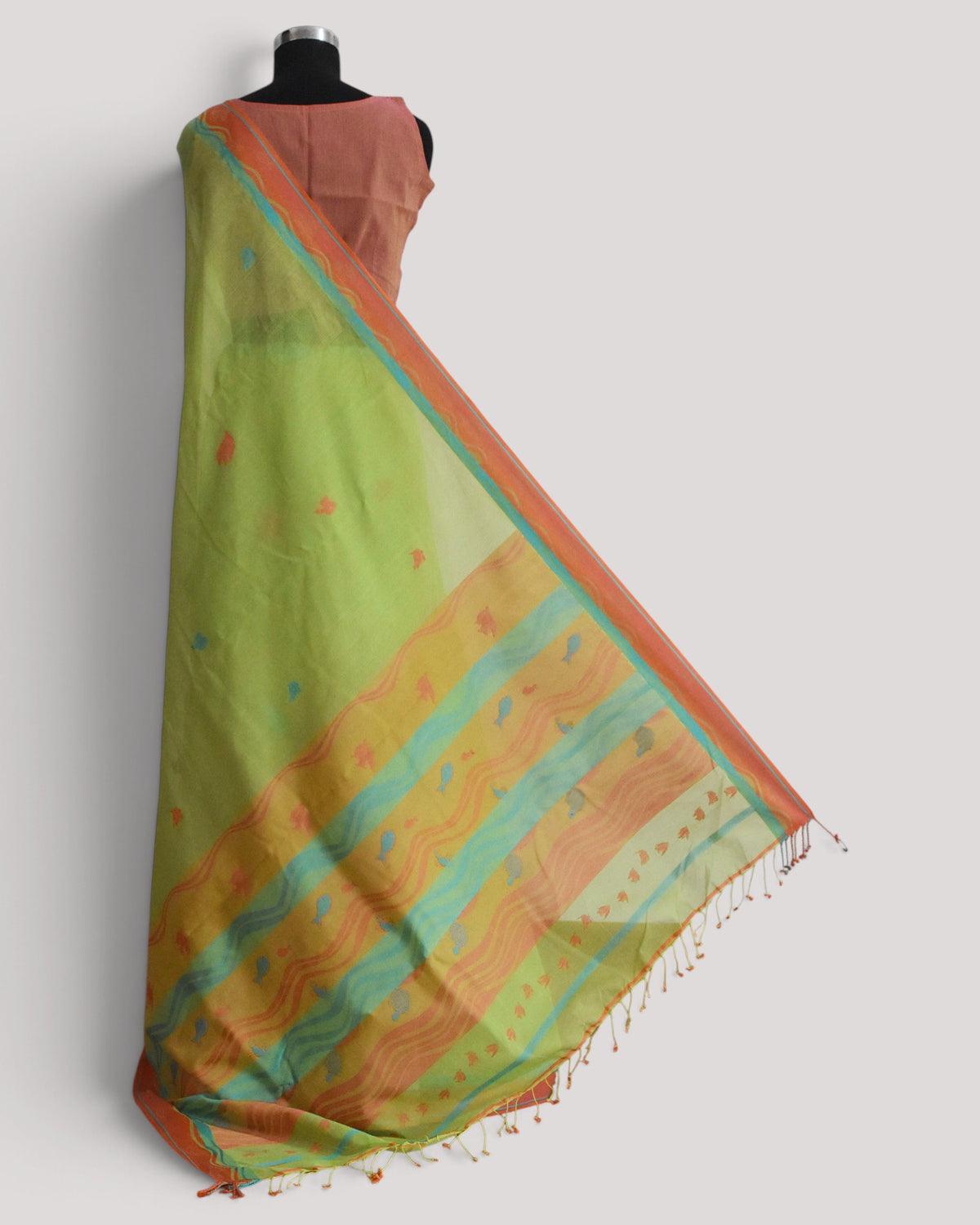 Lime Green - Waves Motif Organic Cotton Saree