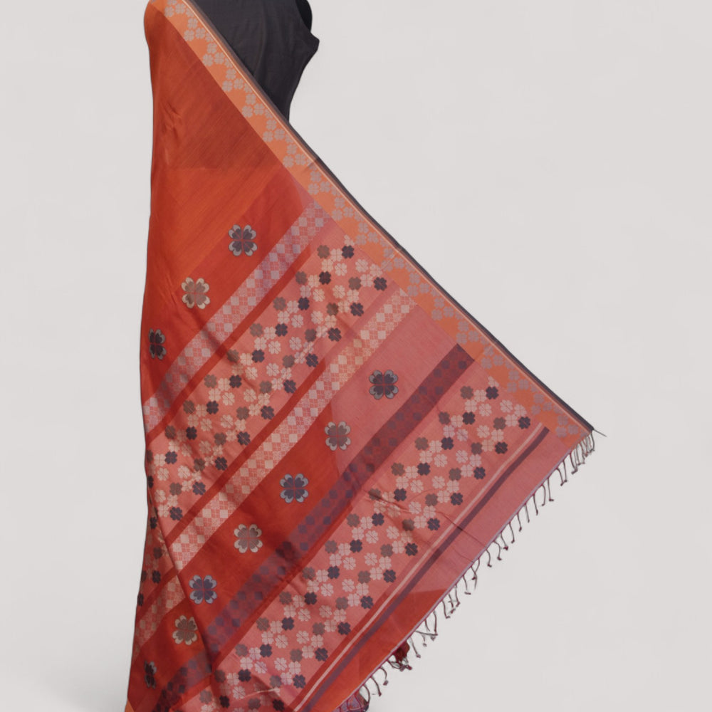 Orange - Clover Motif Organic Cotton Saree