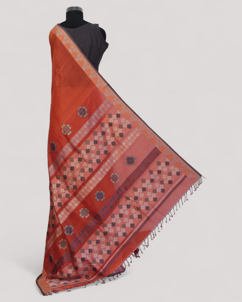 Orange - Clover Motif Organic Cotton Saree