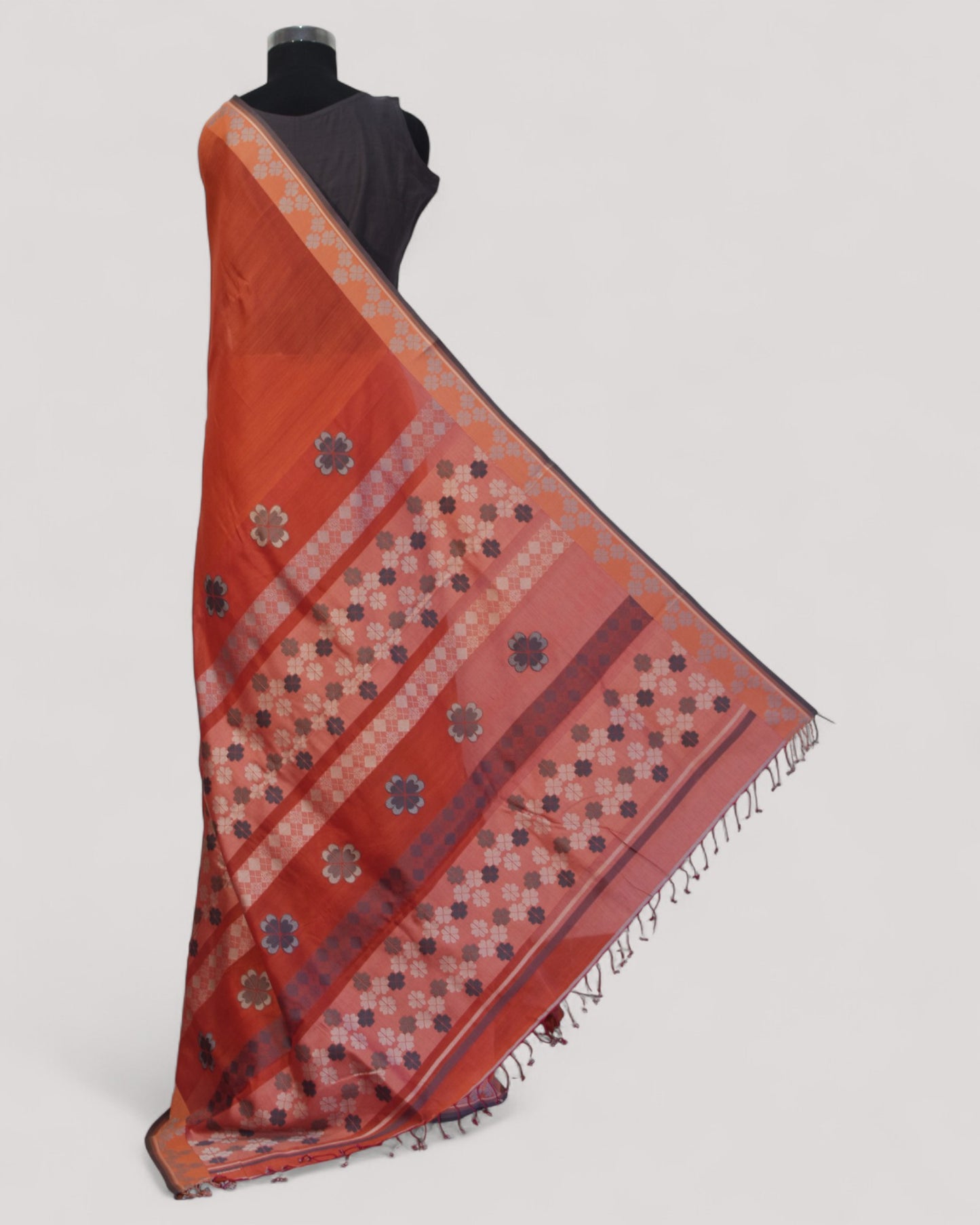 Orange - Clover Motif Organic Cotton Saree