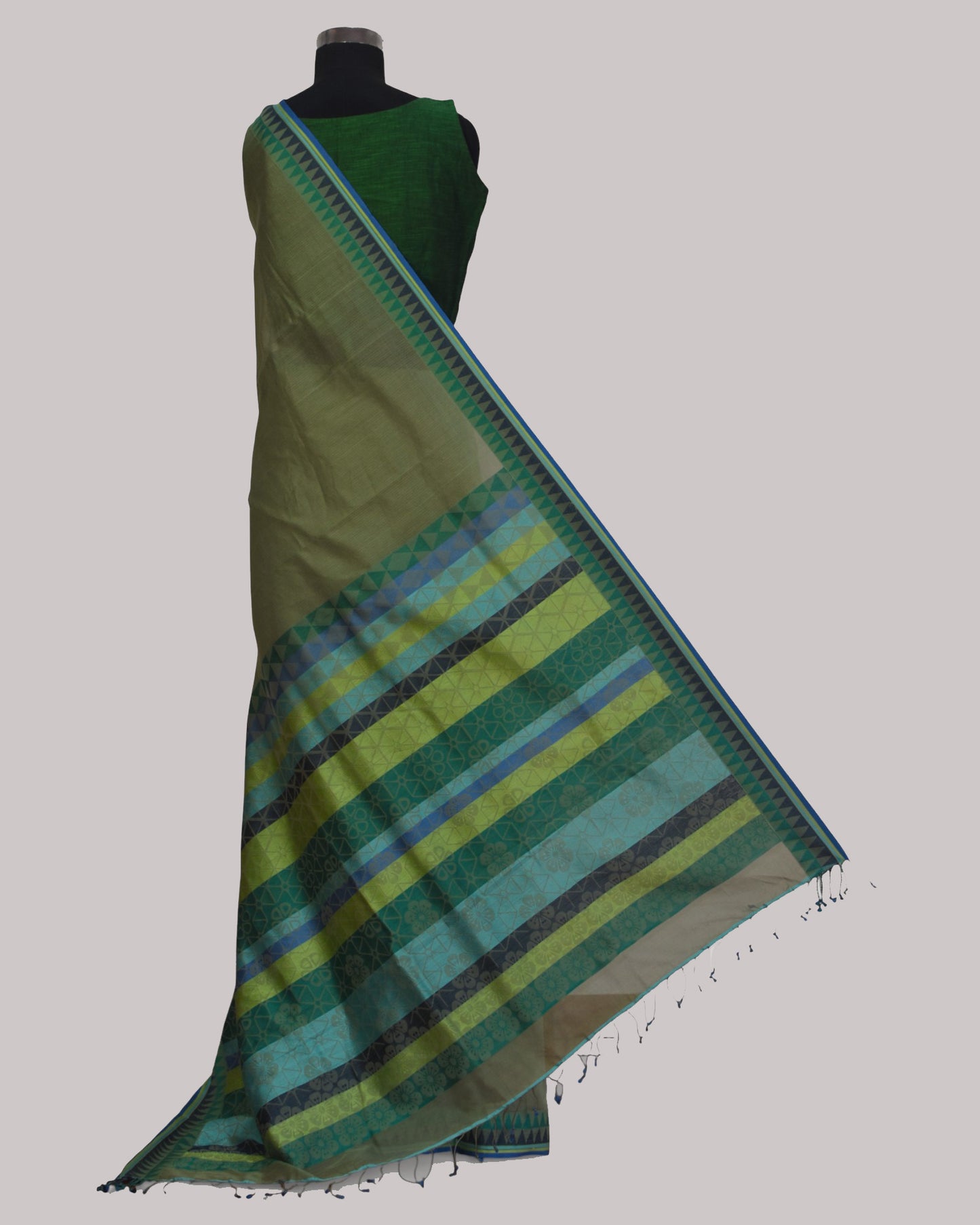 Olive Green - Cherry Blossom Motif Organic Cotton Saree