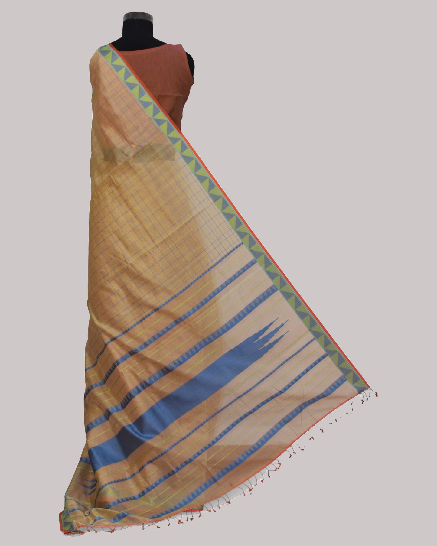 Beige with Blue - Checks Classic Organic Cotton Saree