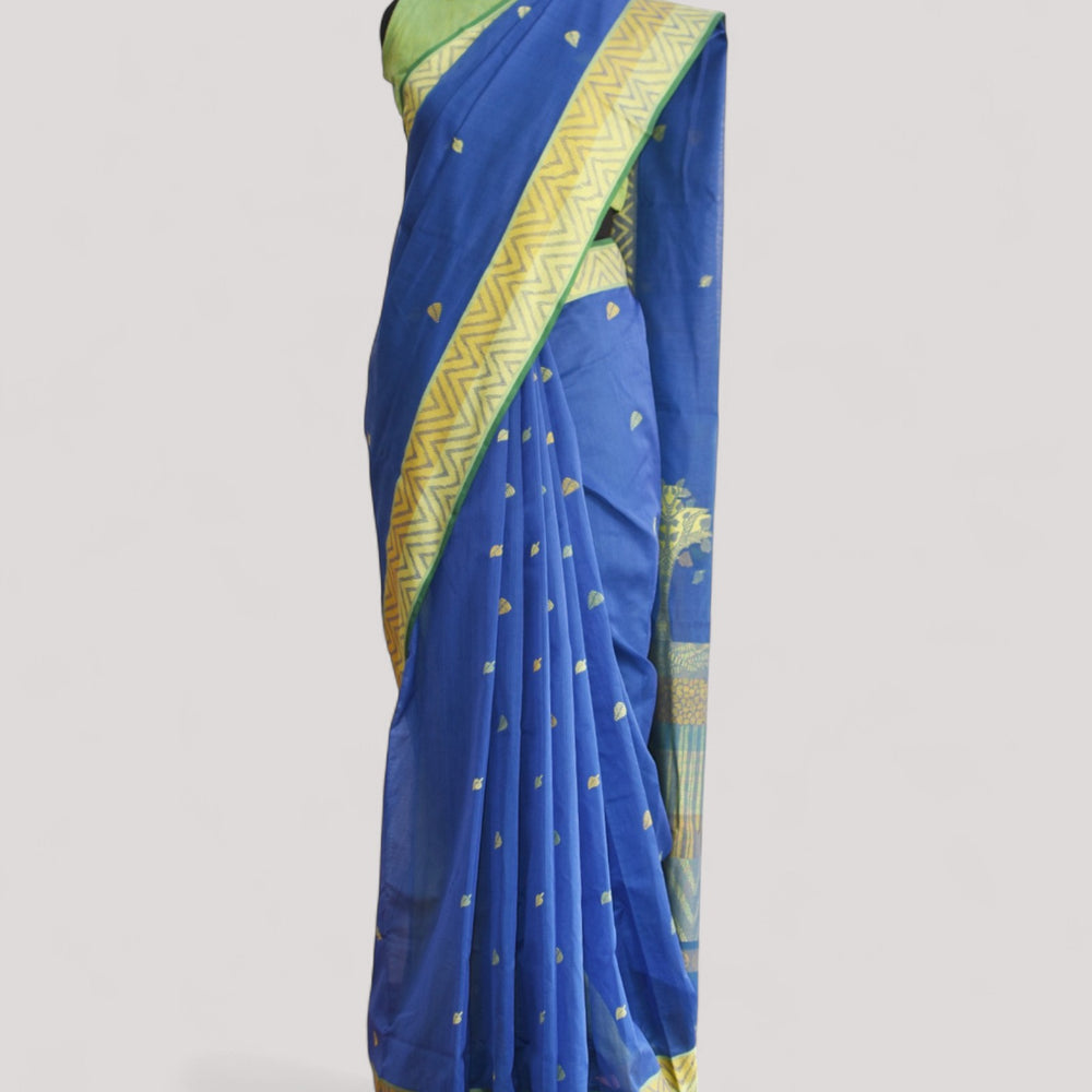 Blue - Tree & Leaves Motif Organic Cotton Saree