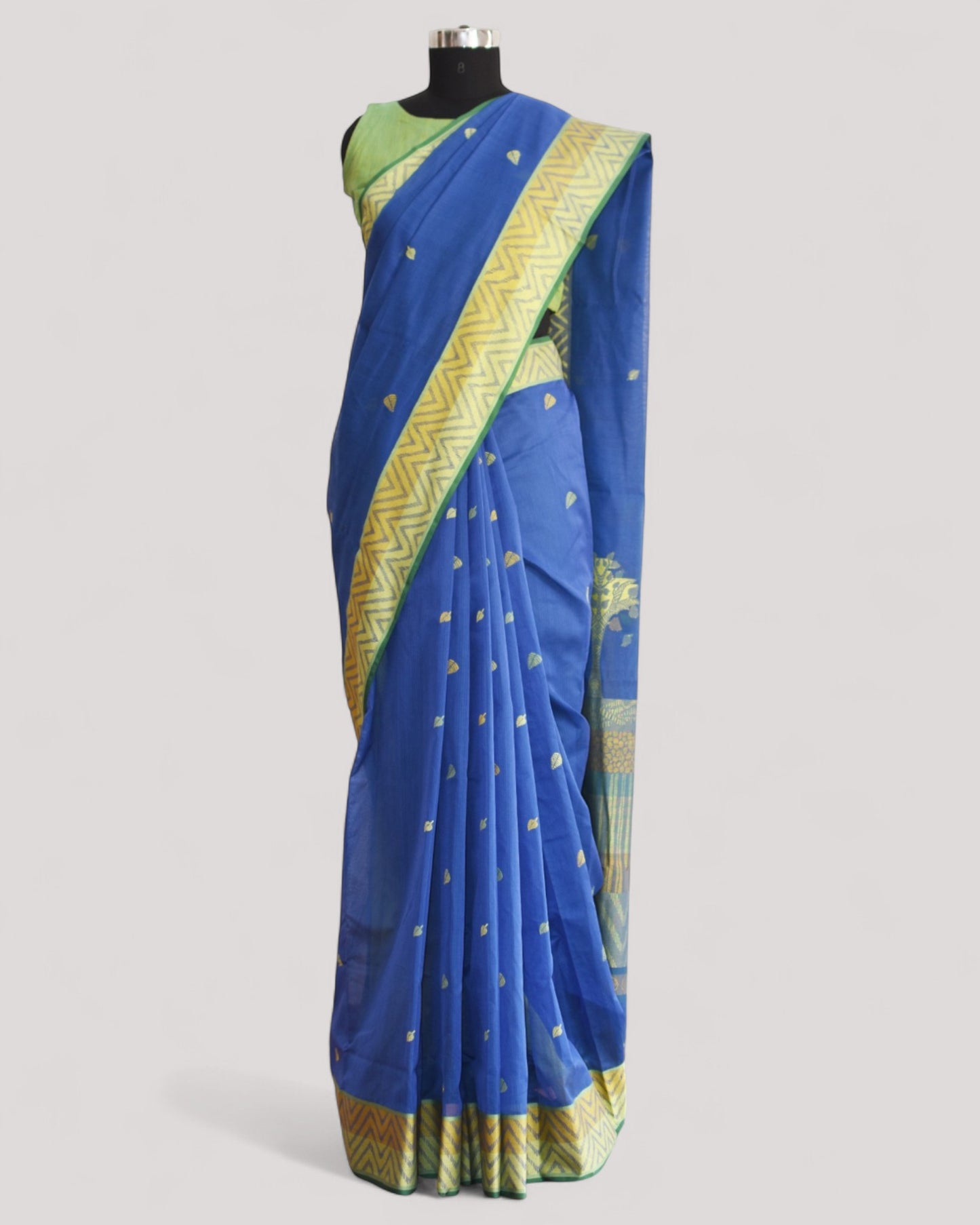 Blue - Tree & Leaves Motif Organic Cotton Saree