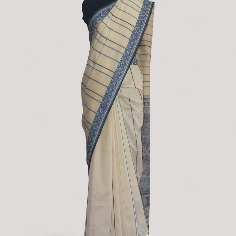 Off-white - Geometric Elegance Organic Cotton Saree
