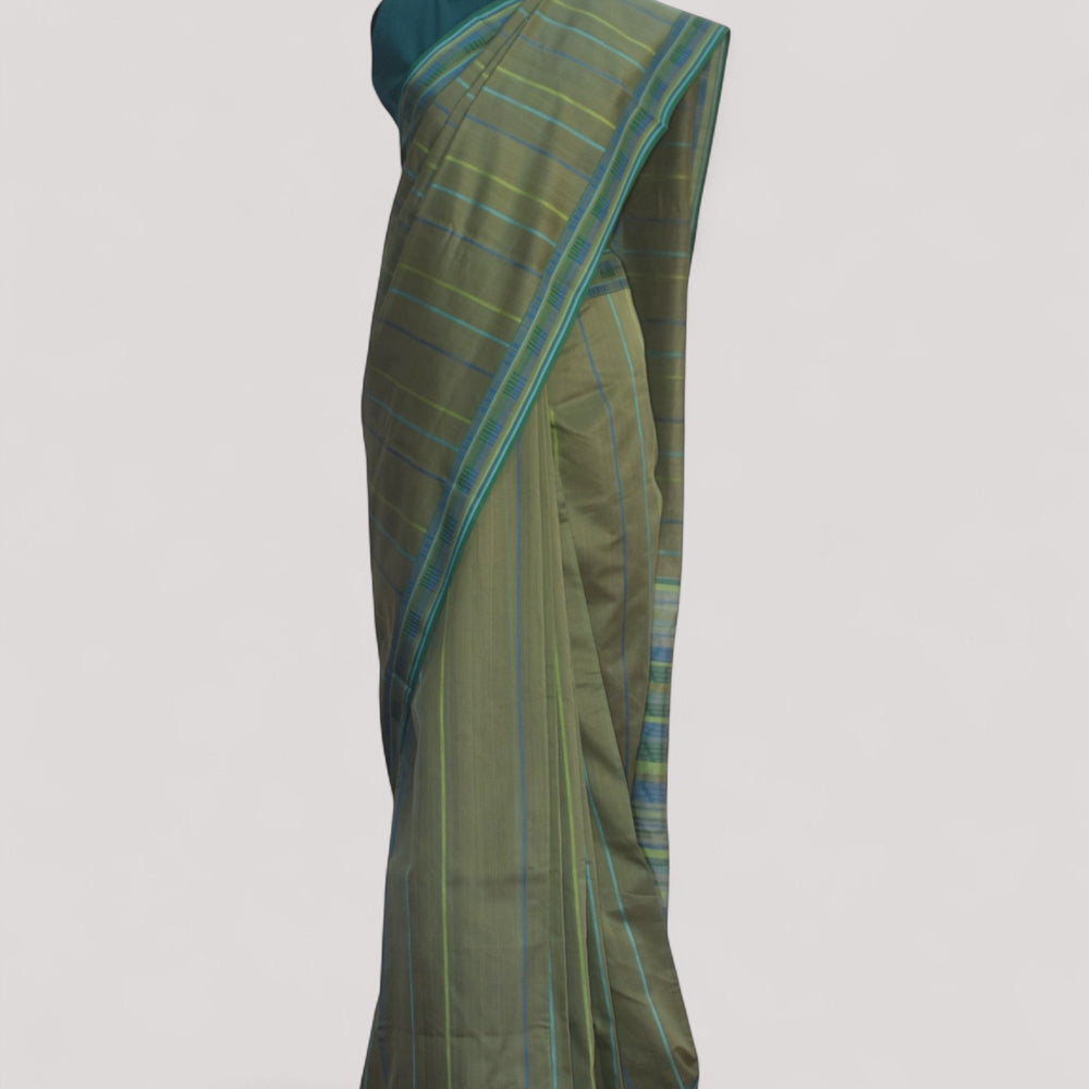 Olive Green - Zig Zag Motif Organic Cotton Saree