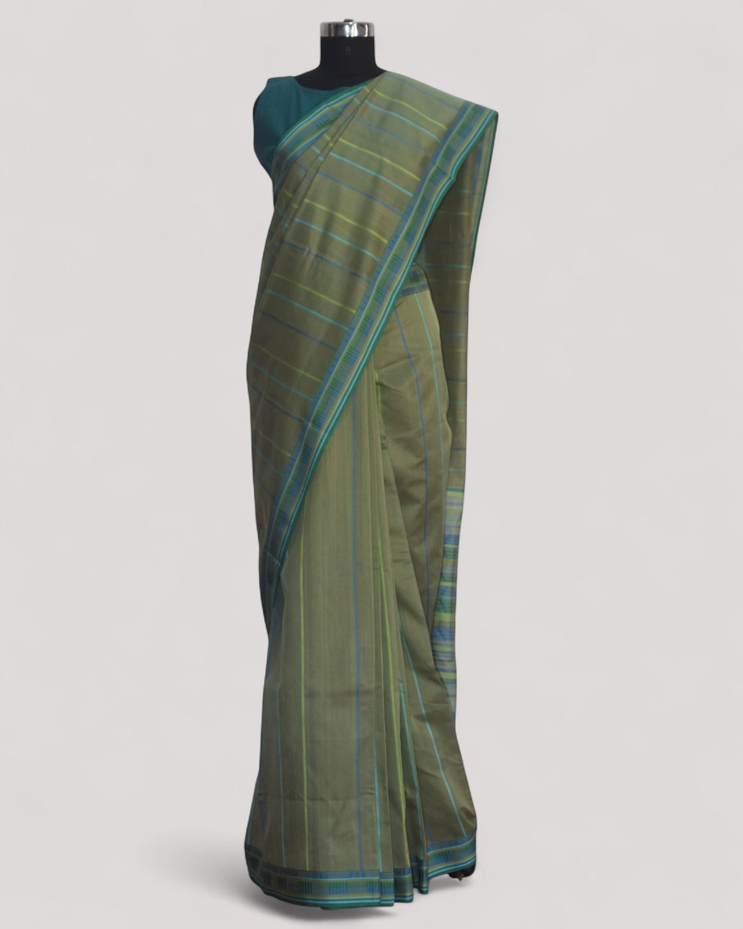Olive Green - Zig Zag Motif Organic Cotton Saree