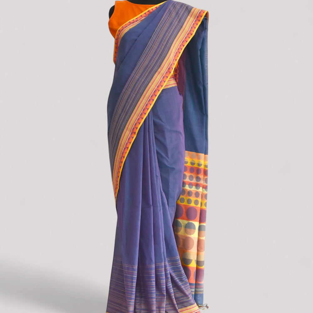 Bluish Purple - Circle Motif Organic Cotton Saree
