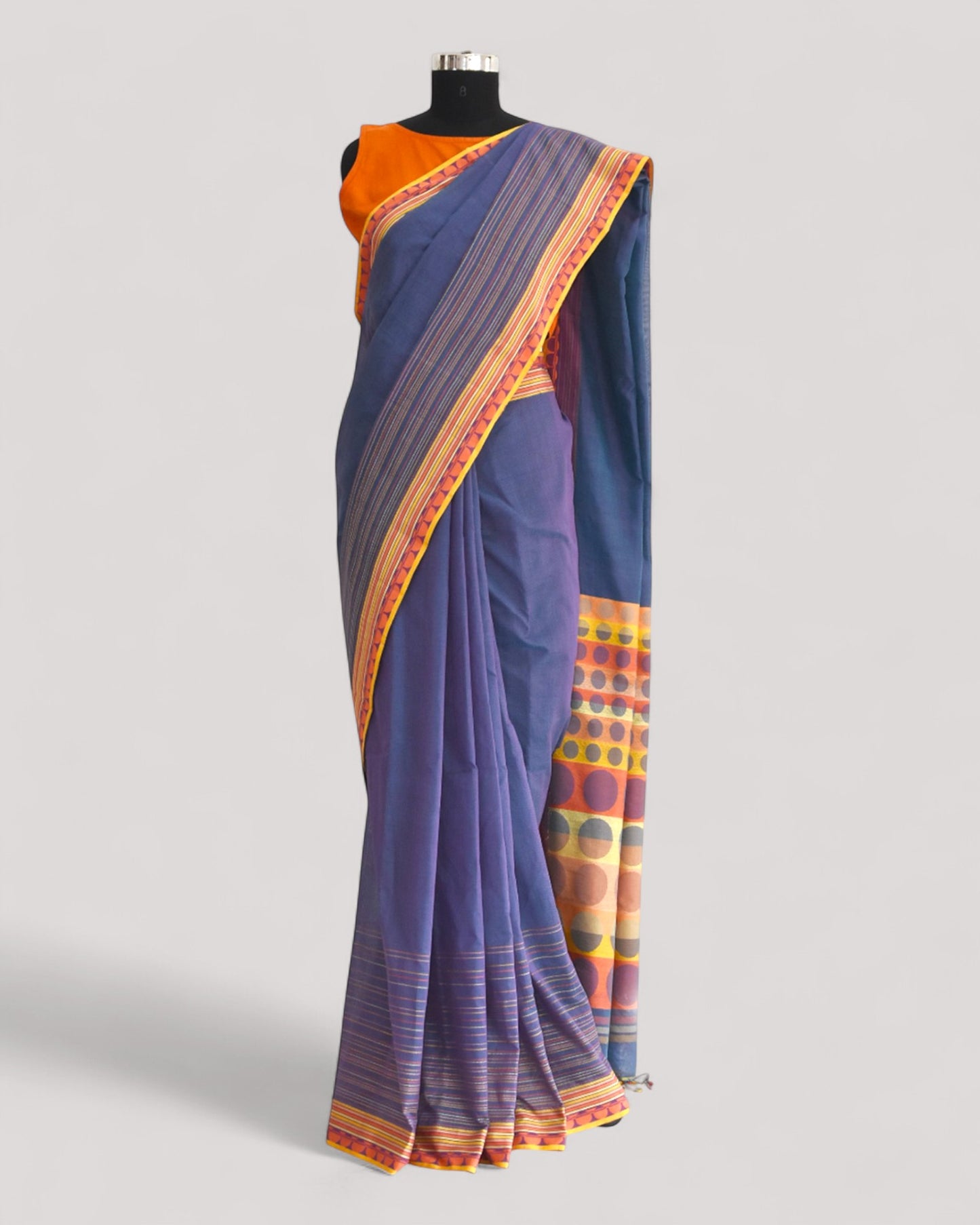 Bluish Purple - Circle Motif Organic Cotton Saree