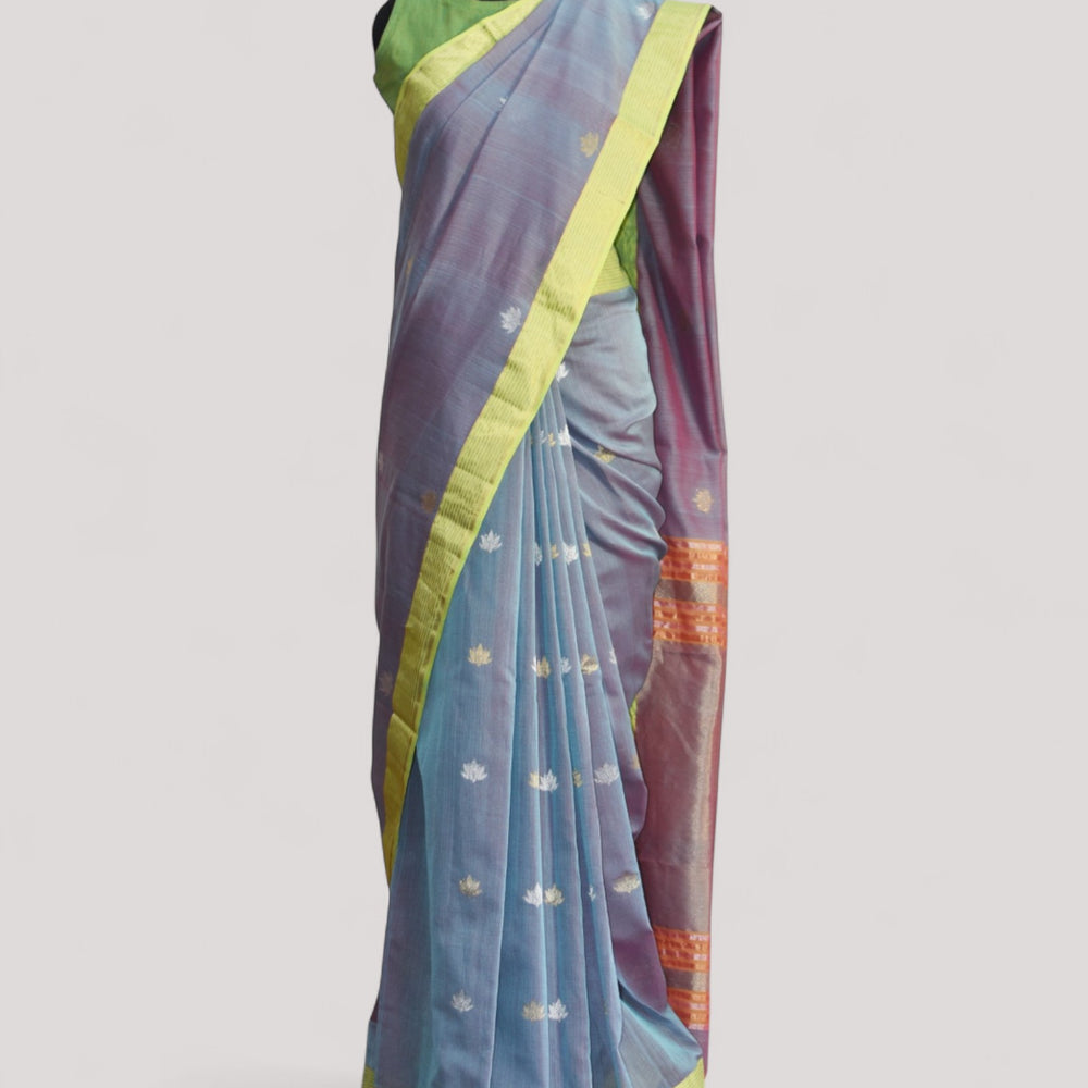 Bluish Grey - Lotus butta Organic Cotton Saree