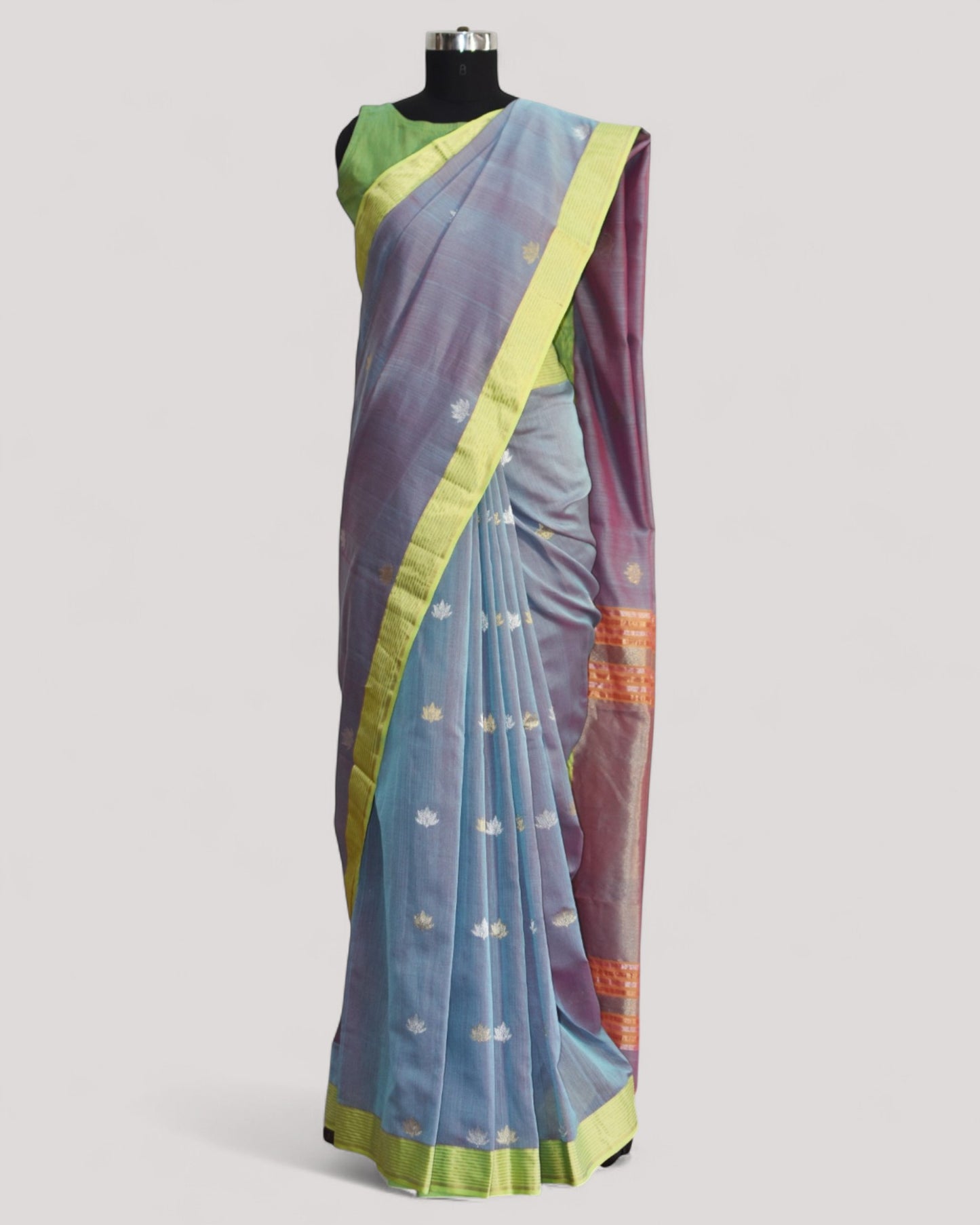 Bluish Grey - Lotus butta Organic Cotton Saree