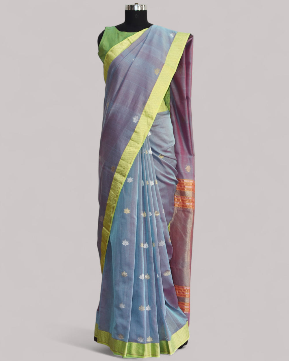 Bluish Grey - Lotus butta Organic Cotton Saree