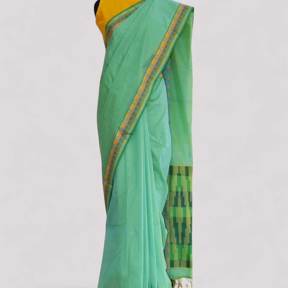 Sea Blue - Gopuram Motif Organic Cotton Saree
